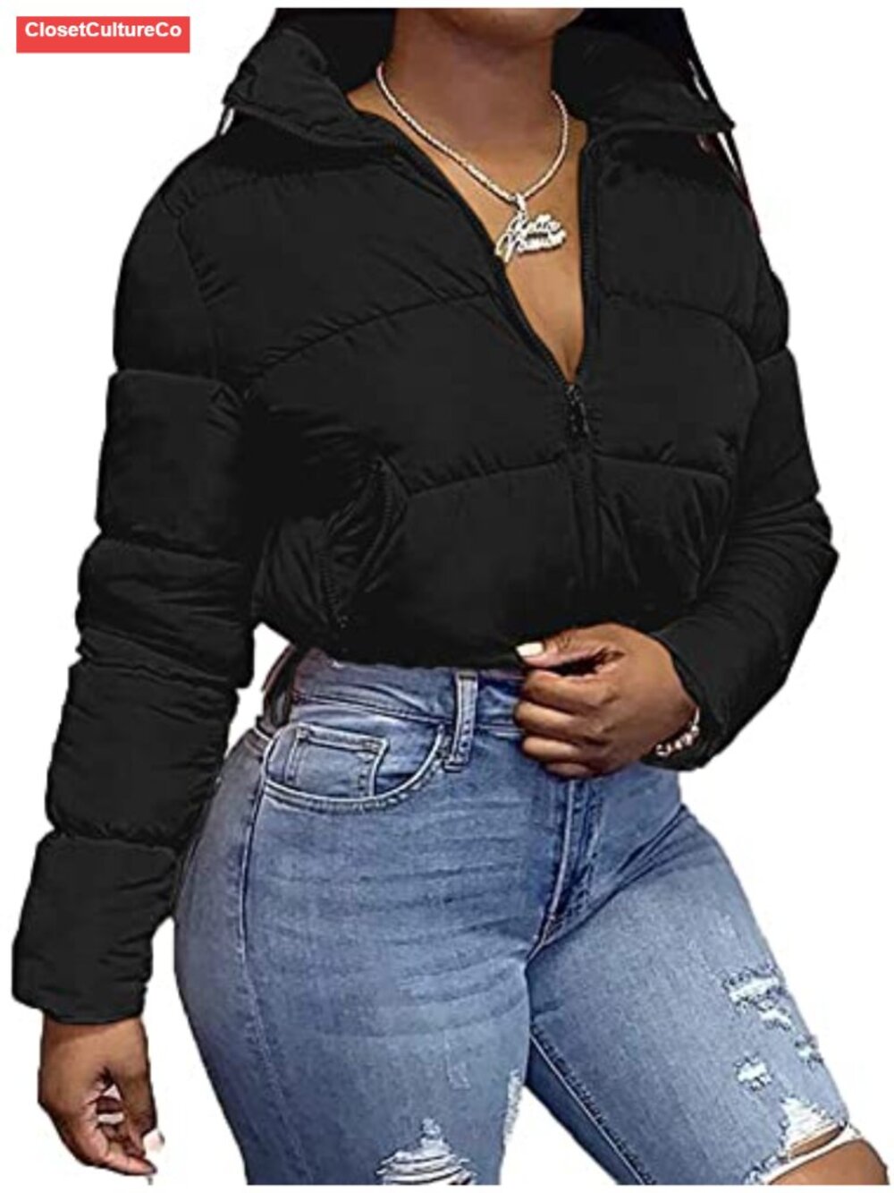 Cropped Quilted Zip Up Puffer Jacket Stand Collar Warm Winter Coat